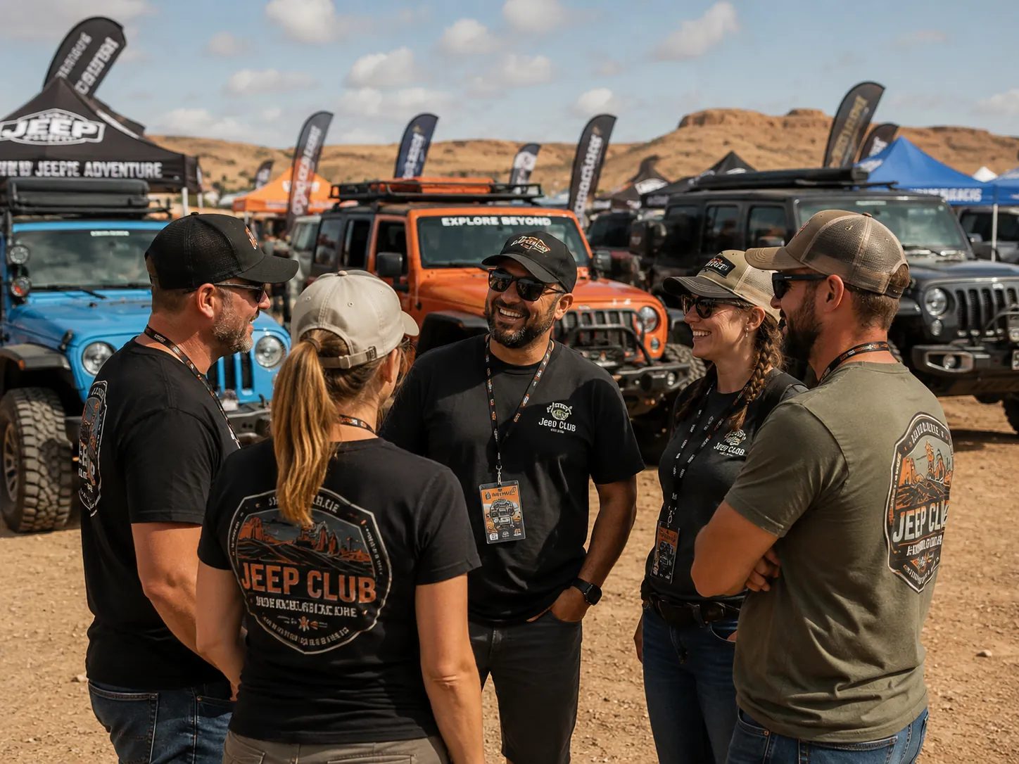 Jeep club members chatting at the MOC27 CAC Village with branded tents and rigs behind them