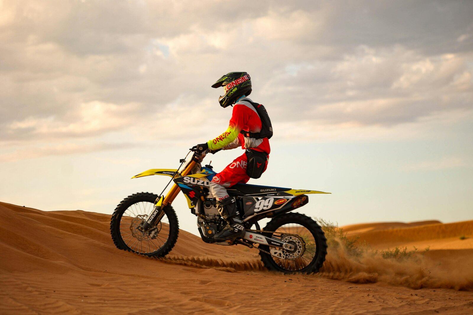 Rider testing a motorbike on the desert test track at MOC27
