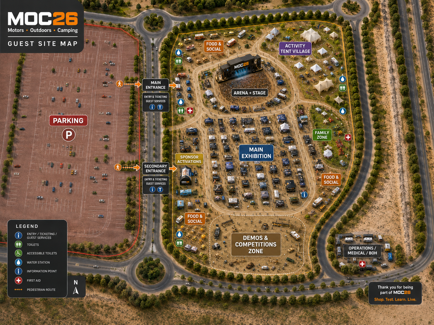 MOC26 site map showing entry, demo arena, stage, main exhibition, activity tent village, family zone, sponsor activations and food & social pockets