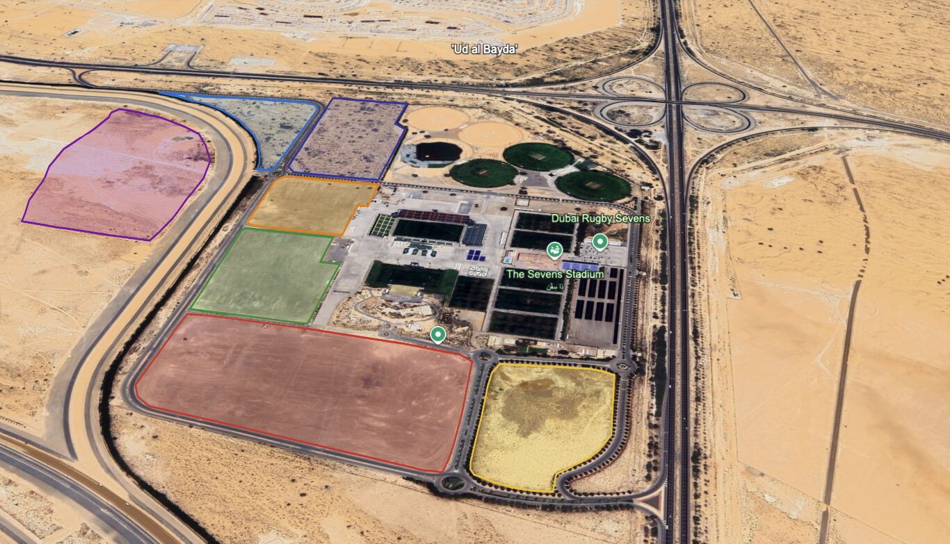 THE SEVENS STADIUM GROUNDS, Dubai — aerial view at golden hour