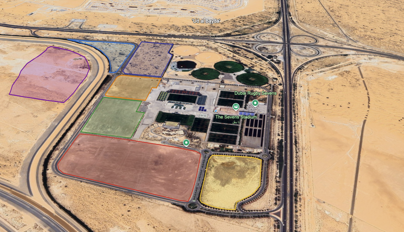 Emirates Sevens Stadium Grounds, Dubai — aerial view at golden hour